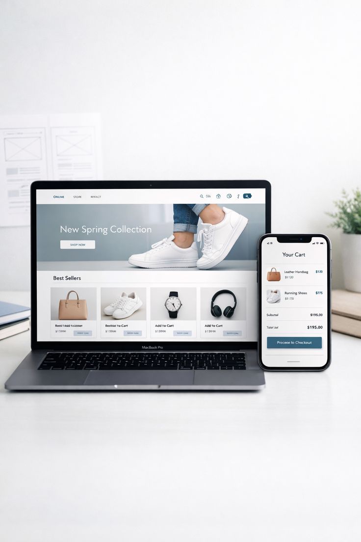 An online store shown on a laptop and phone, with a product catalogue and cart ready for checkout